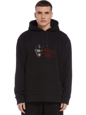 Qivi Joker Baskılı Siyah Erkek Örme Kapşonlu Sweatshirt Uzun Kol