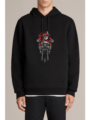 Qivi Motor Noelbaba Kuru Kafa Rock Metal Baskılı Siyah Erkek Örme Kapşonlu Sweatshirt Uzun Kol