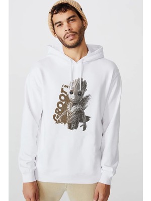 Qivi I Am Groot Brush Baskılı Beyaz Erkek Örme Kapşonlu Sweatshirt Uzun Kol