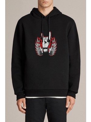 Qivi Rock Hand Kanat Baskılı Siyah Erkek Örme Kapşonlu Sweatshirt Uzun Kol