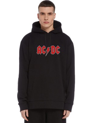 Qivi Acdc Logo Baskılı Siyah Erkek Örme Kapşonlu Sweatshirt Uzun Kol