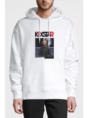 Qivi Kixstar Baskılı Beyaz Erkek Örme Kapşonlu Sweatshirt Uzun Kol