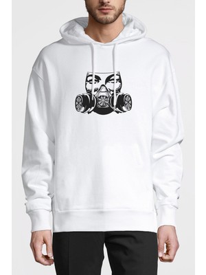 Qivi Mask Baskılı Beyaz Erkek Örme Kapşonlu Sweatshirt Uzun Kol