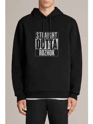 Qivi Pubg Straıght Outta Rozhok Baskılı Siyah Erkek Örme Kapşonlu Sweatshirt Uzun Kol