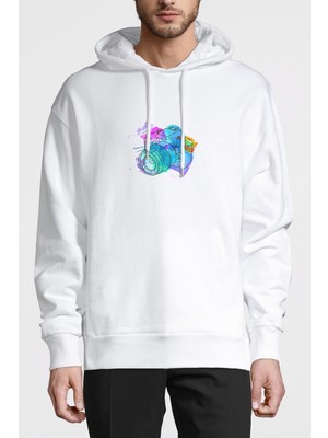 Qivi Fotoğraf Makinesi Renkli Suluboya Çalışması Baskılı Beyaz Erkek Örme Kapşonlu Sweatshirt Uzun Kol