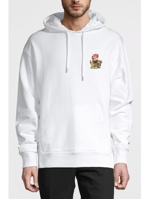 Qivi Kedicik ve Baykuş Fotoğrafm Makinesi Camera Baskılı Beyaz Erkek Örme Kapşonlu Sweatshirt Uzun Kol