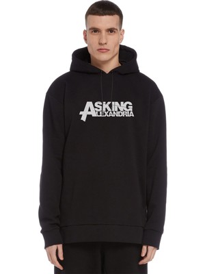 Qivi Alexandria Logo Baskılı Siyah Erkek Örme Kapşonlu Sweatshirt Uzun Kol
