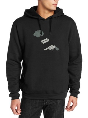 Qivi Peaky Blinders Hat & Razor Blade & Gun Baskılı Siyah Erkek Örme Kapşonlu Sweatshirt Uzun Kol