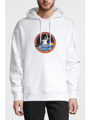 Qivi Nasa Spacex Roket Baskılı Beyaz Erkek Örme Kapşonlu Sweatshirt Uzun Kol