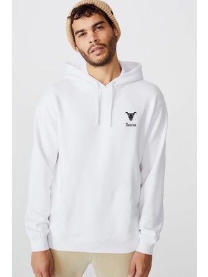 Qivi Boğa Burcu Baskılı Beyaz Erkek Örme Kapşonlu Sweatshirt Uzun Kol
