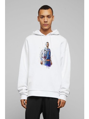 Qivi New Basketbol Sporcu Baskılı Beyaz Erkek Örme Kapşonlu Sweatshirt Uzun Kol