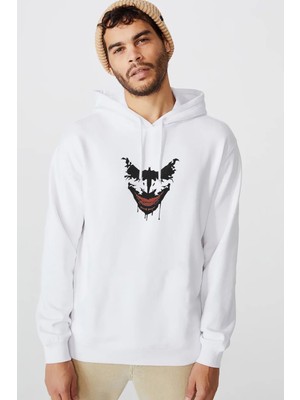 Qivi Joker Dizi Baskılı Beyaz Erkek Örme Kapşonlu Sweatshirt Uzun Kol