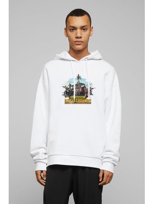 Qivi Pubg Baskılı Beyaz Erkek Örme Kapşonlu Sweatshirt Uzun Kol