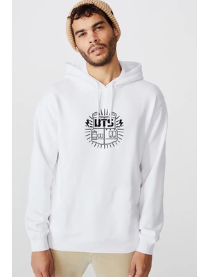 Qivi Bts Logo Baskılı Beyaz Erkek Örme Kapşonlu Sweatshirt Uzun Kol