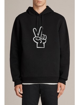 Qivi Peace Baskılı Siyah Erkek Örme Kapşonlu Sweatshirt Uzun Kol