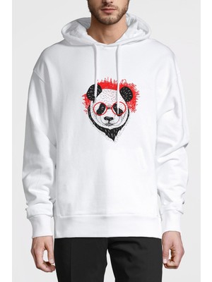 Qivi Gözlüklü Panda Baskılı Beyaz Erkek Örme Kapşonlu Sweatshirt Uzun Kol