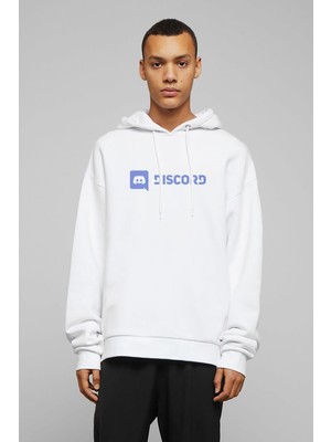 Qivi Discord Yazı Baskılı Beyaz Erkek Örme Kapşonlu Sweatshirt Uzun Kol