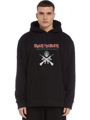 Qivi Iron Maiden Baskılı Siyah Erkek Örme Kapşonlu Sweatshirt Uzun Kol