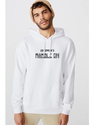 Qivi LED Zeppelin Rample On Baskılı Beyaz Erkek Örme Kapşonlu Sweatshirt Uzun Kol