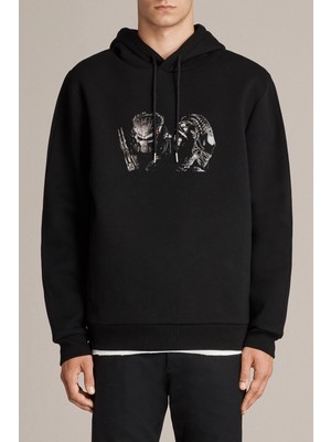 Qivi Avp Alien Baskılı Siyah Erkek Örme Kapşonlu Sweatshirt Uzun Kol