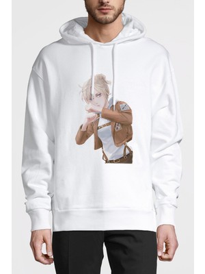 Qivi Anime Attack On Titan Baskılı Beyaz Erkek Örme Kapşonlu Sweatshirt Uzun Kol