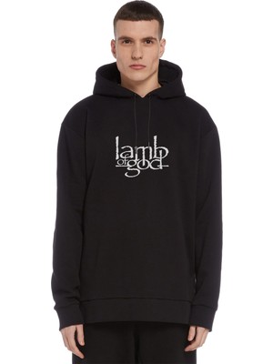 Qivi Lamb Of God Baskılı Siyah Erkek Örme Kapşonlu Sweatshirt Uzun Kol