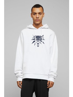 Qivi Witcher Baskılı Beyaz Erkek Örme Kapşonlu Sweatshirt Uzun Kol