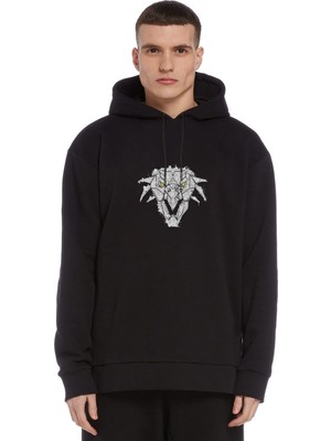 Qivi The Witcher Griffin School Splash Baskılı Siyah Erkek Örme Kapşonlu Sweatshirt Uzun Kol