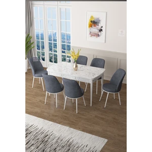 Concept Canisa Zen Serisi Mdf Açılabilir Beyaz Mermer Desenli Mutfak Masası Takımı+6 Füme Sandalye