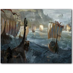 Cakatablo  Ahşap Tablo Dalgalı Denizde Viking Gemileri