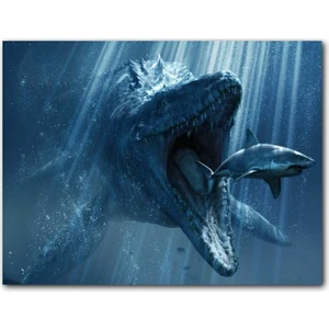 Cakatablo  Ahşap Tablo Jurassic World Megalodon ve Büyük Beyaz Köpekbalığı