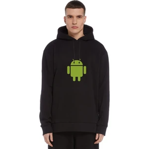 Android Logo Baskılı Siyah Erkek Örme Kapşonlu Sweatshirt Uzun Kol