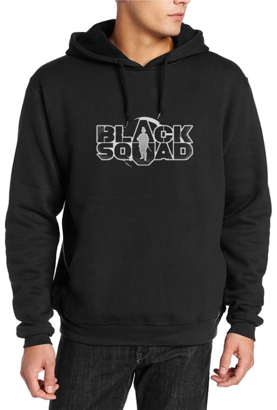 Qivi Black Squad Baskılı Siyah Erkek Örme Kapşonlu Sweatshirt Uzun Kol