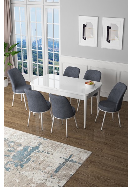 Concept Canisa Zen Serisi Mdf Açılabilir Beyaz Mutfak Masası Takımı+6 Füme Sandalye