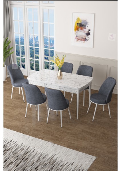 Concept Canisa Zen Serisi Mdf Açılabilir Beyaz Mermer Desenli Mutfak Masası Takımı+6 Füme Sandalye