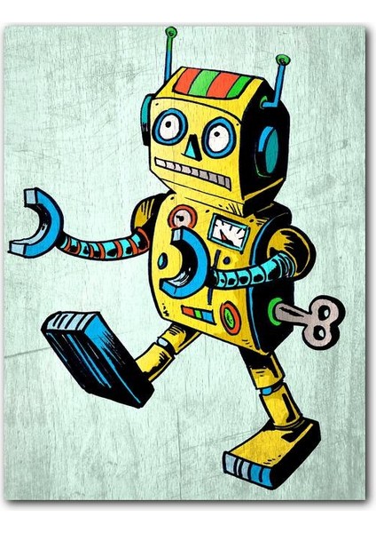 Cakatablo Ahşap Tablo Retro Robot Toy Figürü Ahşap Zeninde Görseli