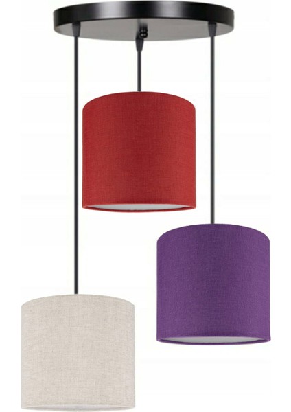 3lü Krem Kırmızı Mor Silindir Kumaş Abajur Sarkıt Avize Modern Dekoratif Tasarım