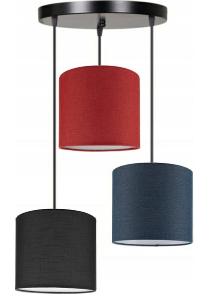 3lü Siyah Kırmızı Lacivert Kumaş Abajur Sarkıt Avize Modern Dekoratif Tasarım