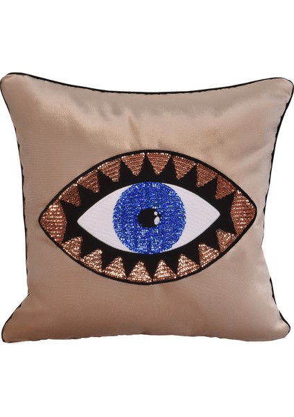 Bej Kadife Mavi Göz Işlemeli Yastık Kılıfı