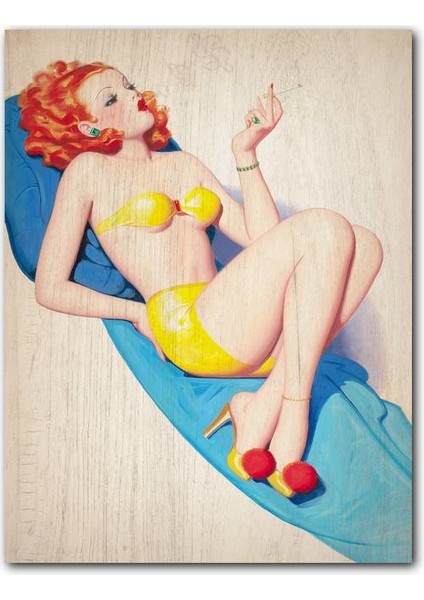Cakatablo Ahşap Tablo Retro Pin Up Kızı Baskılı Görsel
