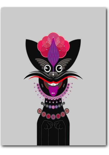 Cakatablo Ahşap Tablo Siyah Kedi ve Absürd Desenler Gri Zemin