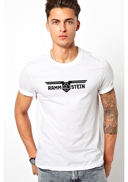 Rammstein Rock Music Baskılı Beyaz Erkek Örme Tişört