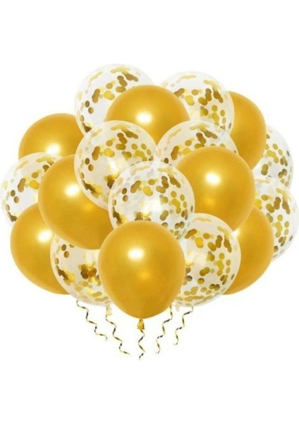 Gold Konfetili Şeffaf Balon ve Metalik Gold Balon Seti (20 Adet)