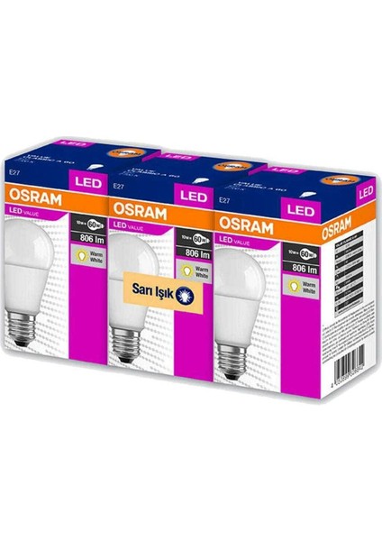 Led Value 8.5W Sarı Işık E-27 Ampul 806 lm 3 lü Paket