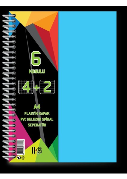 A4 Büyük Boy Ayraçlı Spiralli Plastik Kapaklı Defter 4 Kareli + 2 Çizgili