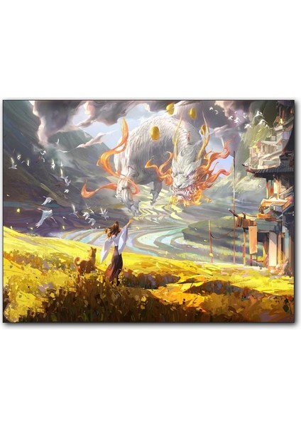 Cakatablo Ahşap Tablo Genç Kız Köpeği ve Gökyüzünde Efsanevi Canavar