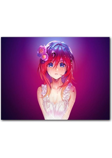 Cakatablo Ahşap Tablo Kızıl Saçlı Masum Anime Kız Mor Arkaplan