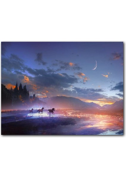 Cakatablo Ahşap Tablo Mor Bulutlu Gökler ve Göl Kıyısında Koşan Atlar