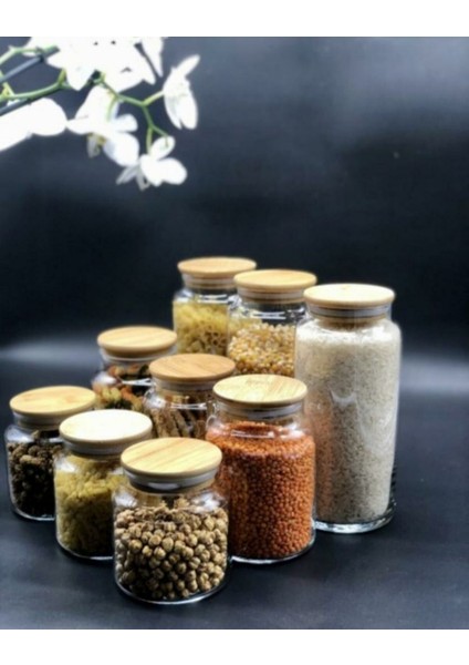 9 Adet Bambu Kapaklı Cam Bakliyat Baharat Kavanoz Seti