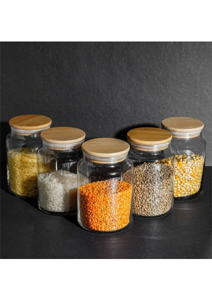 5 Adet 800 cc Bambu Kapaklı Cam Vakumlu Kavanoz Set